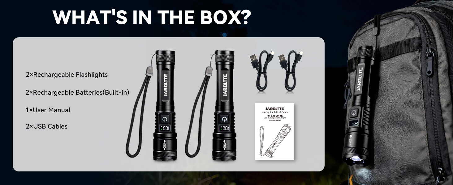 box includes 2 flashlights with batterties, 2 cables and 1 user manual