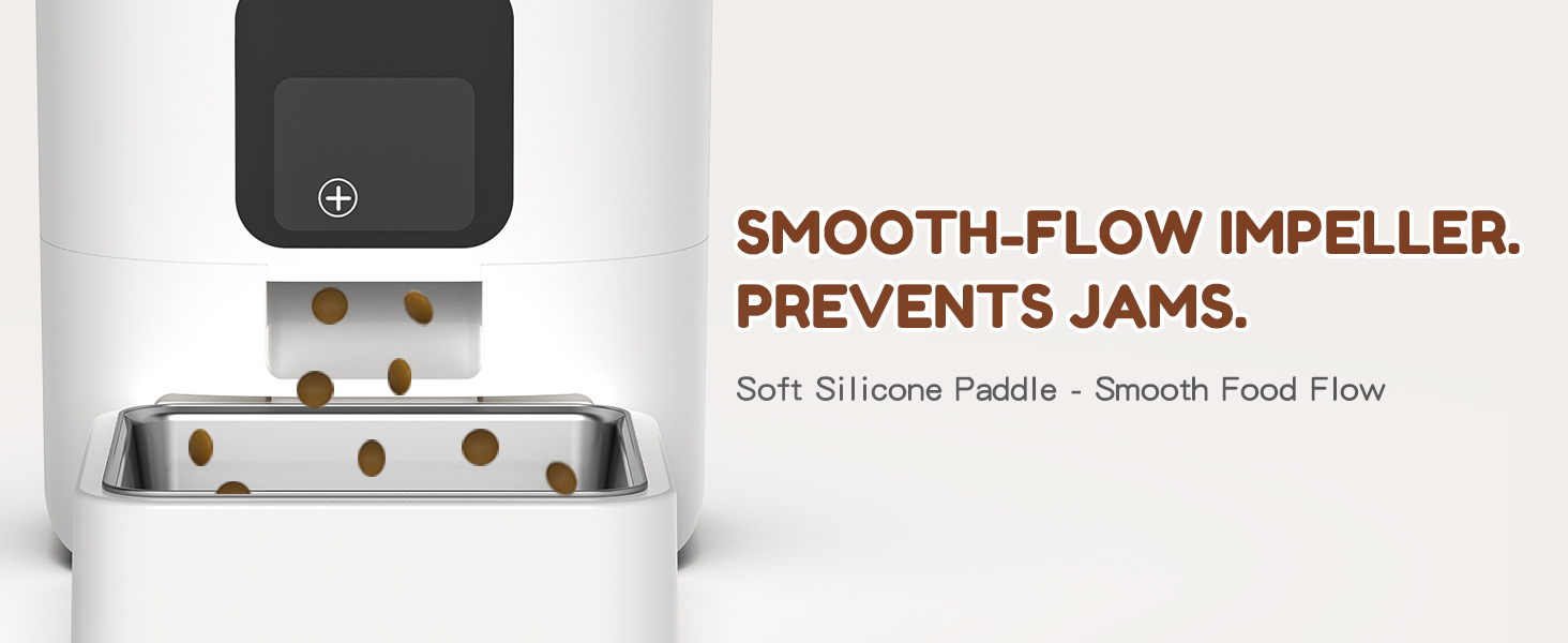 A smooth-flow impeller with soft silicone paddles prevents food jams in the pet feeder.