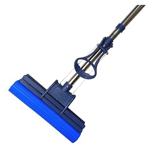 Blue and silver mop with sponge head. Long metal handle with blue grip and adjustable joint connecting to wide blue cleaning surface.