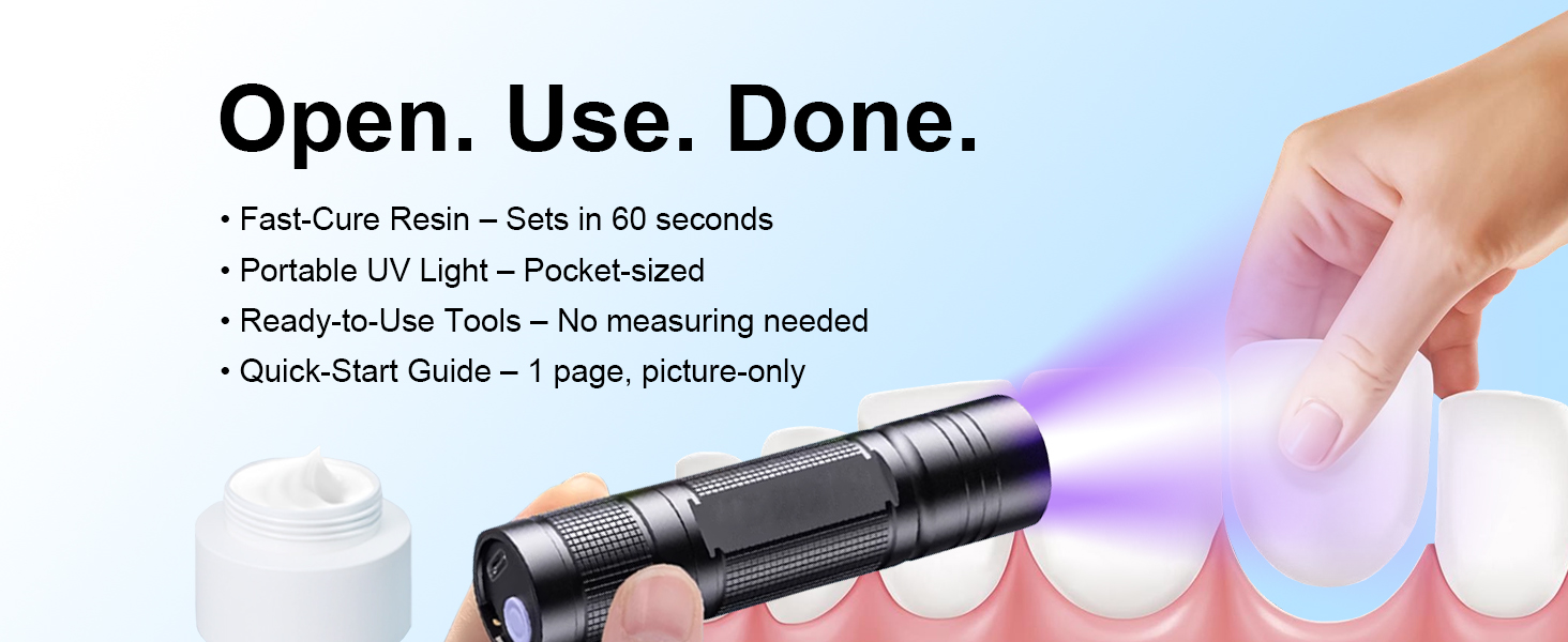 Kit – Fast-Cure Resin Sets in 60 Sec, Portable UV Light, Ready-to-Use Tools, Quick-Start Guide.