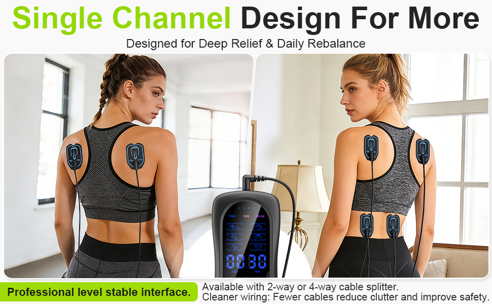 Text reads: 'Single Channel Design For More', 'Designed for Deep Relief &amp; Daily Rebalance', 'Professional level stable interface.' Product shows electrical stimulation device with display and electrode pads worn on back.