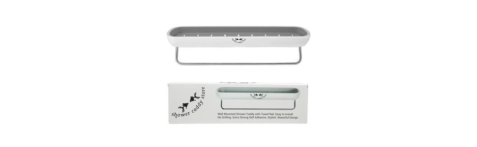 Sleek wall-mounted shower caddy with towel rail, shown with packaging and its stylish modern design