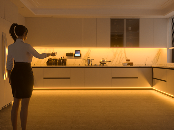Modern kitchen interior with warm LED under-cabinet lighting illuminating minimalist shelving and countertop workspace.