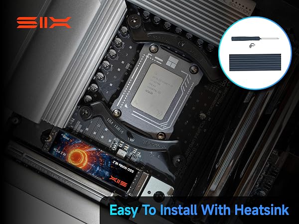 Text reads 'Easy to Install With Heatsink'. Multiple angles of a computer processor installation process showing heatsink mounting steps on a motherboard.