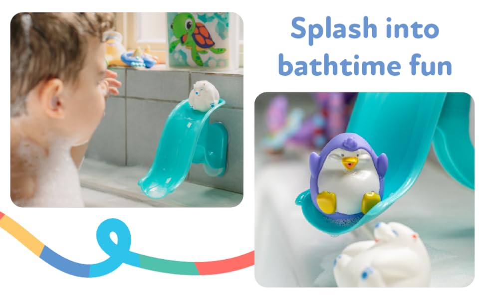 Splash into bath time fun as the round squirters roll down the slide into the bath