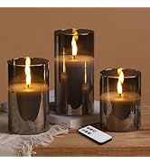 Eywamage Smoke Grey Glass Flameless Pillar Candles with Remote, Flickering LED Battery Candles Ta...