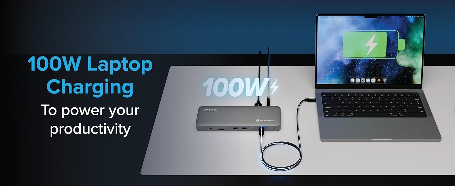 Laptop charging at 100W from Plugable hub with battery icon on screen thunderbolt docking station