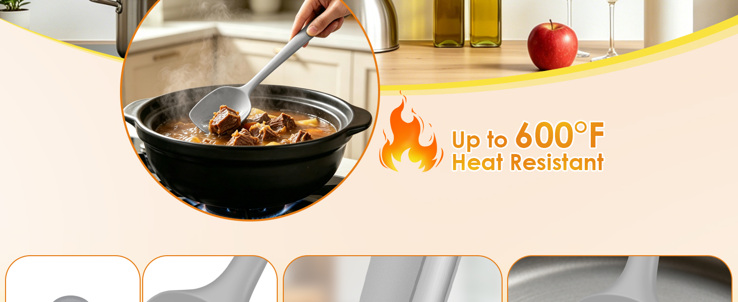 Silicone kitchen spatula stirring stew in a pot, heat resistant up to 600°F