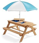 Casafield Children's Sand and Water Activity Table, 3-in-1 Wooden Outdoor Picnic Table with Umbre...