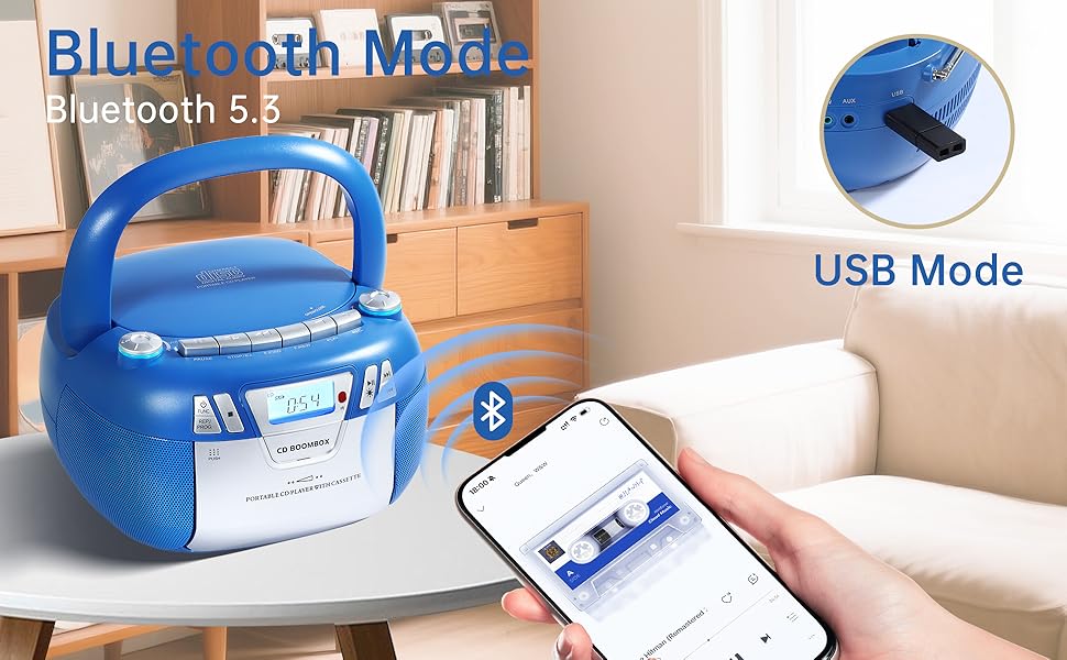 portable CD player boombox,Bluetooth 5.3,wireless music streaming,boombox with USB port,bluetooth