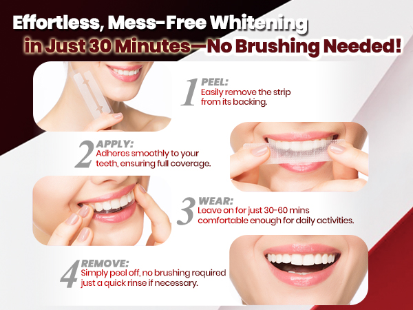 Text reads 'Effortless, Mess-Free Whitening in Just 30 Minutes - No Brushing Needed!' Four-step dental product instruction guide showing application process and results.