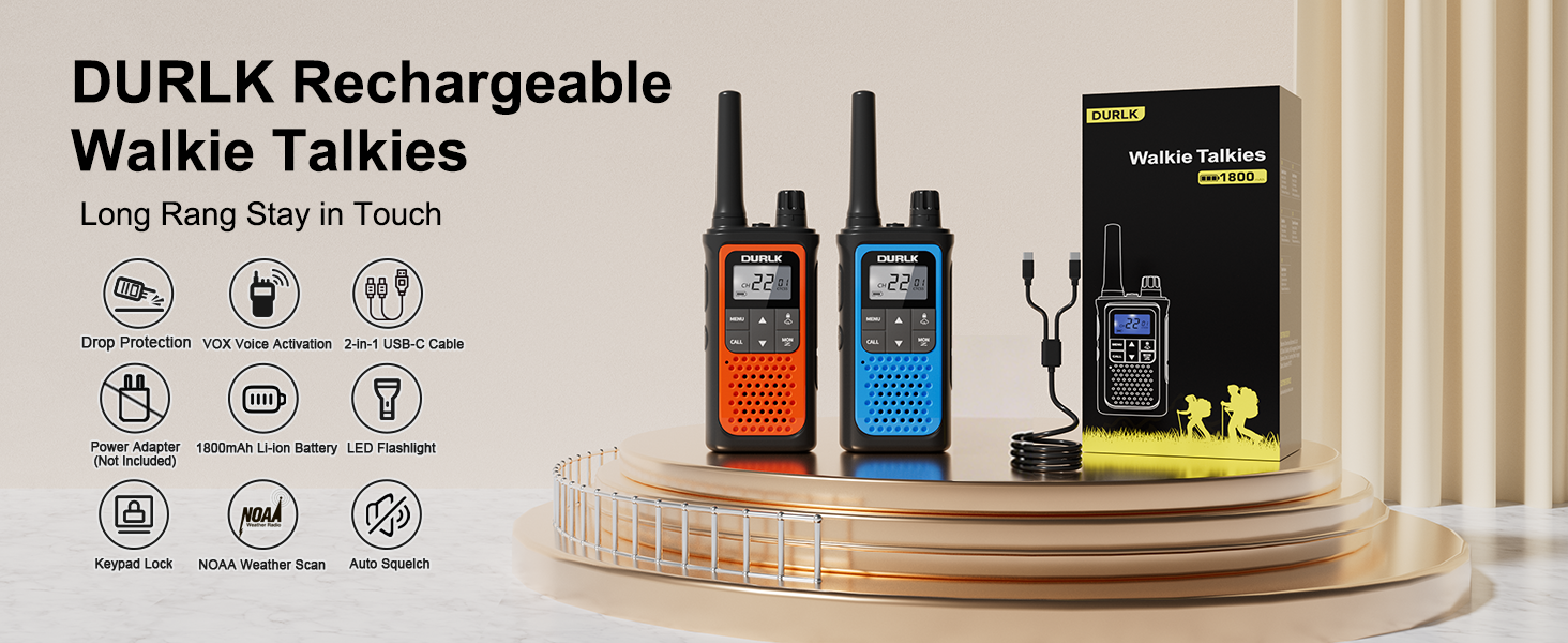 DURLK 2 pack walkie talkies long range in blue orange with adapter cables and box