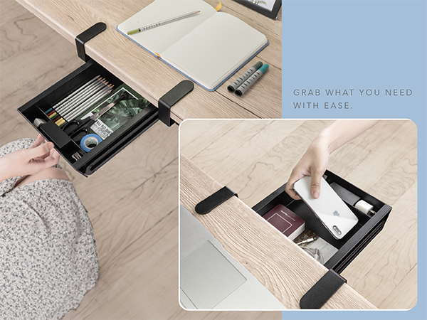 Quickly store pens, phones, or sticky notes in this clamp-on drawer. Smooth glide and easy access.
