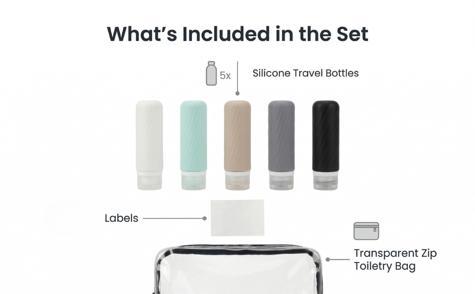 Five silicone travel bottles with labels and clear zip toiletry bag
