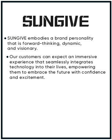 Text image for SUNGIVE brand. Describes company as forward-thinking and promises an immersive technology experience for customers.
