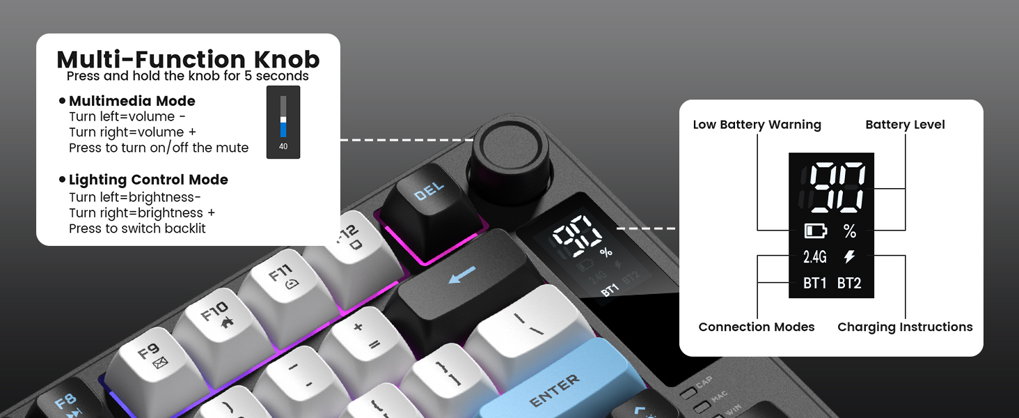 mechanical keyboard featuring a multi-function knob and a small display screen