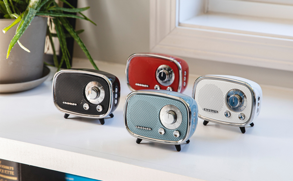 Crosley Rondo Bluetooth Speakers available in black, red, white, and tourmaline