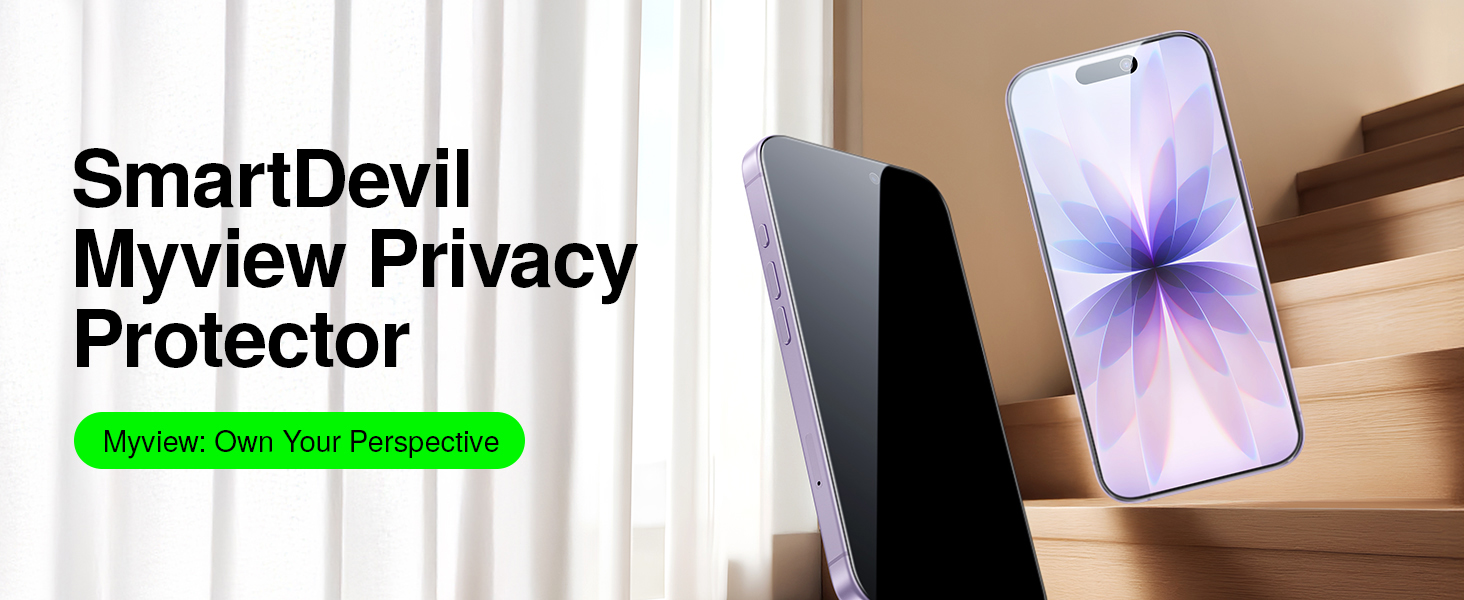 Text reads 'SmartDevil', 'Myview Privacy', 'Protector'. Illustration showing phone screen with privacy filter demonstration.
