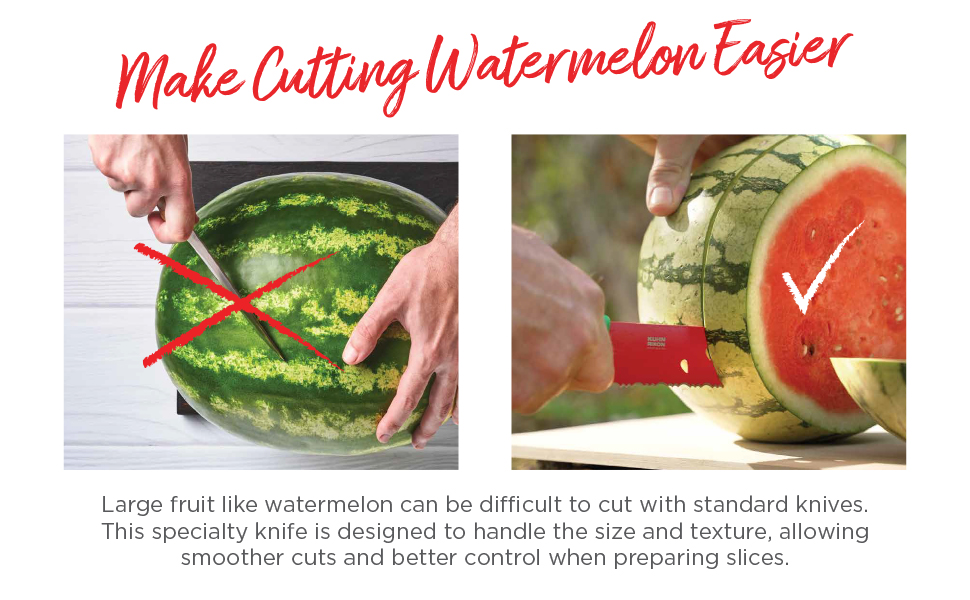 Comparison showing watermelon cutting with standard knife versus specialized watermelon knife