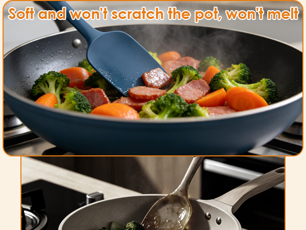 Silicone spatula stirs food without scratching non-stick pans, safe vs metal utensils