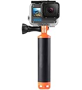 Action camera in waterproof case mounted on black and orange floating handle. Camera display shows underwater scene. Compact design for handheld use in water activities.
