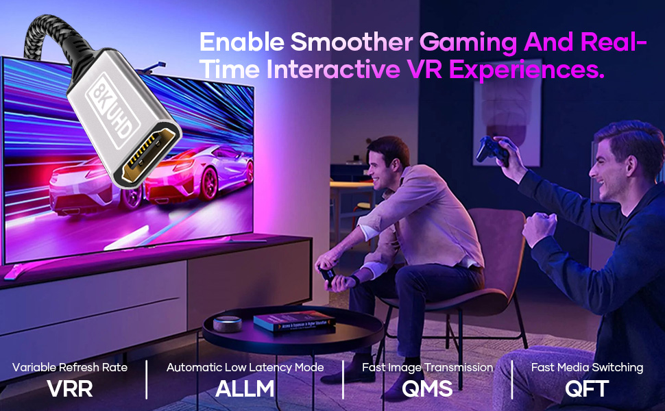 Gaming setup showing VR capability with a title about smoother gaming and VR experiences, displaying technical features and QMS certification.