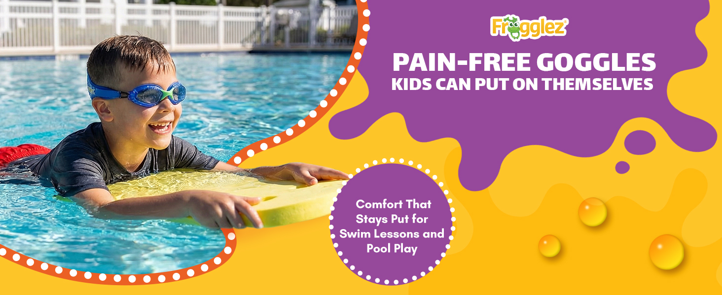 Young boy in a pool wearing pain-free kids swimming goggles that don&amp;#39;t pull hair