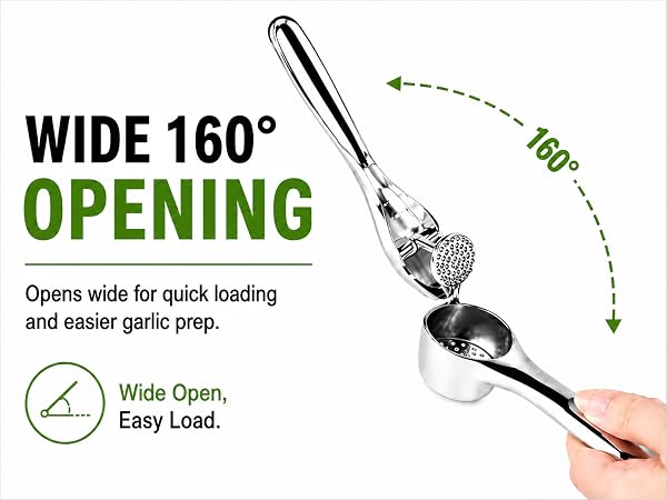Durable garlic press with wide open