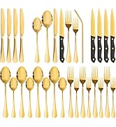 Astercook 24-Piece Silverware Set with Steak Knives Gold Flatware Set for 4 Food-Grade Stainless ...