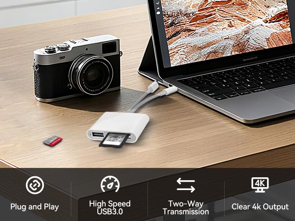 SD and TF Card Reader with USB Port for iPhone iPad Mac Lightning & USB-C Dual Connector