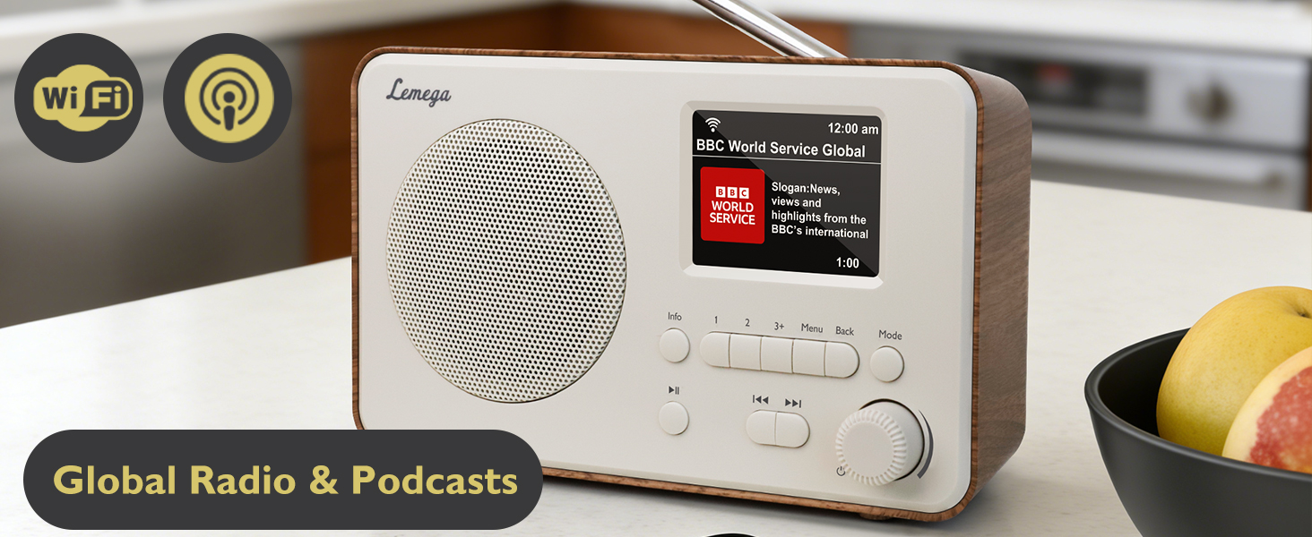 Text reads 'Global Radio &amp; Podcasts'. Digital radio receiver or media player with LCD display, control knobs, and WiFi connectivity indicators.