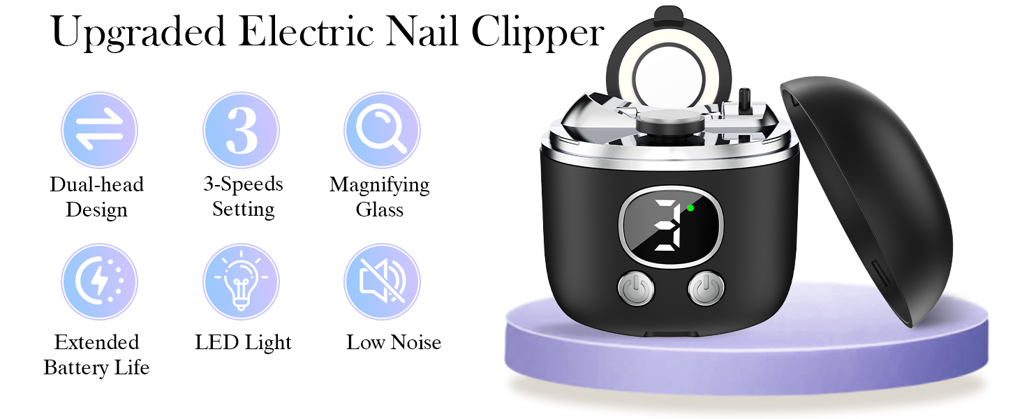 New 3-in-1 Elecrtic nail clipper with magnifying glass, dual trimming head and 3 adjustable speeds