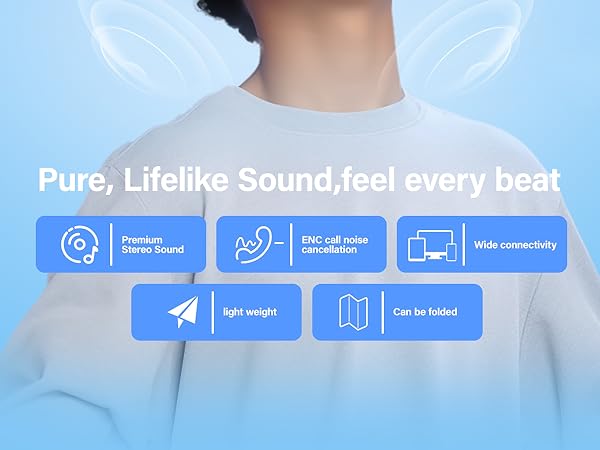 Advertisement for audio device featuring text 'Pure, Lifelike Sound, feel every beat' with icons for features like 360° surround sound and light weight.