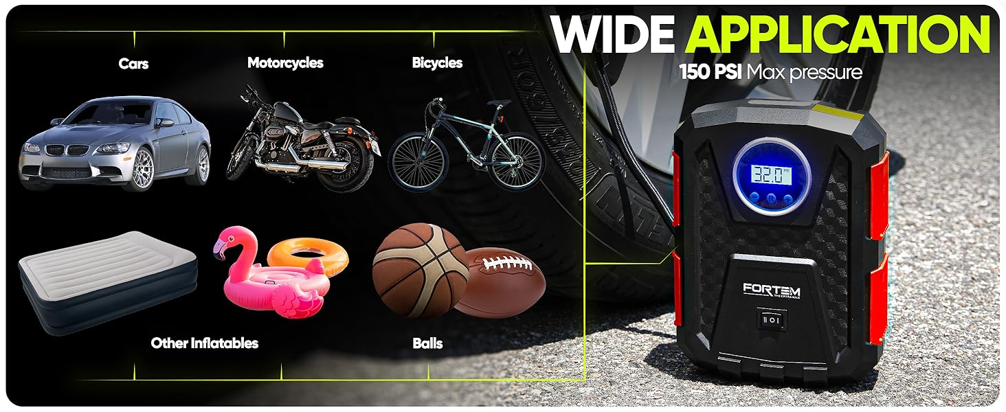 FORTEM tire inflator with car background, PSI features quick inflation, strong motor, compact size