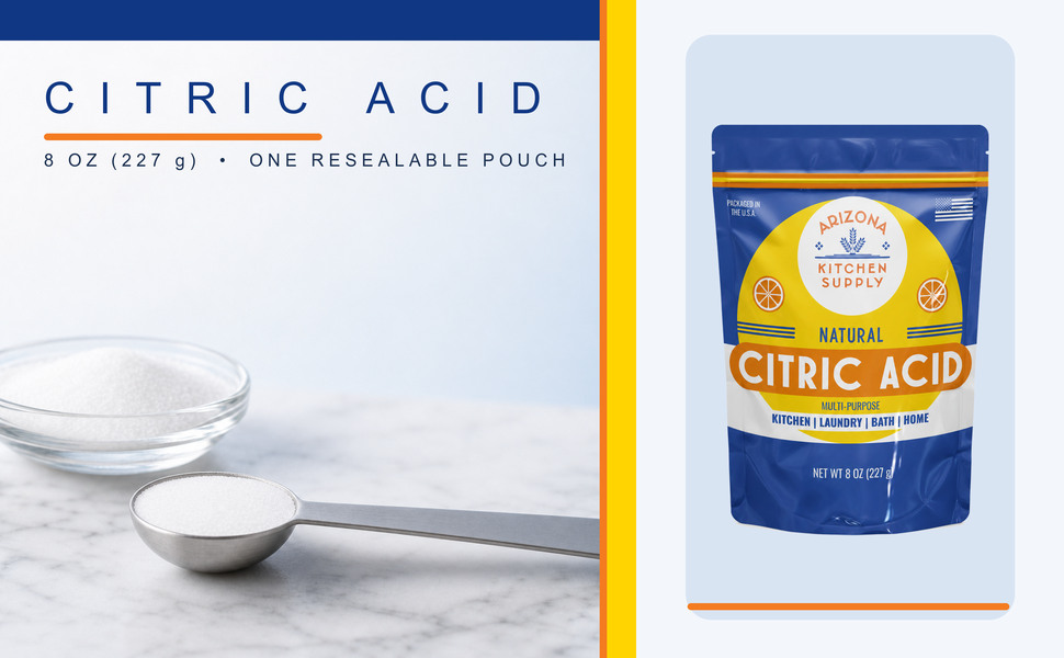 Blue and yellow 8 oz Non-GMO citric acid pouch with fine granules.