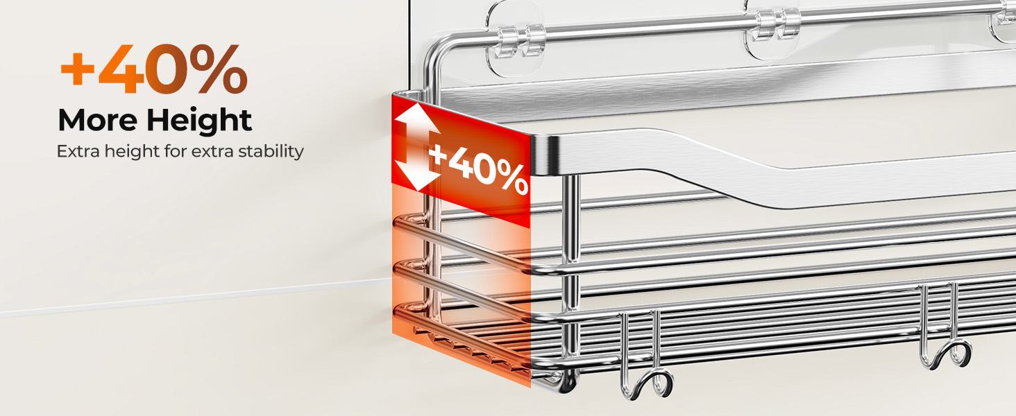 No Drilling Wall Mount Adhesive Rust Proof Stainless Steel Shower Organizer with Hooks for Bathroom