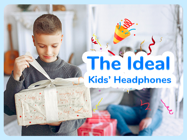 Child in gray sweater opening gift box. Text overlay reads 'The Ideal Kids' Headphones' with colorful party graphics, suggesting headphones as a present for children.