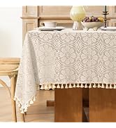 Chorowl Boho Crochet Cotton Lace Tablecloth Rectangle 52 x 102 Inch Beige | Bohemian Farmhouse Ha...