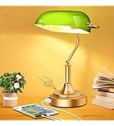 Bankers Lamp with 2 USB Ports, Touch Control Green Glass Desk Lamp with Brass Base, 3-Way Dimmabl...