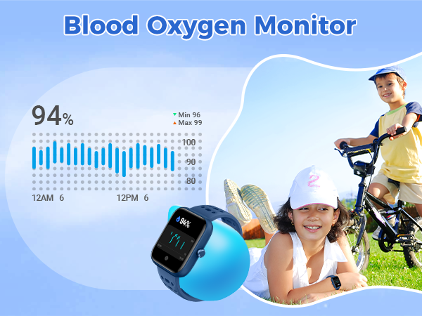 Blood oxygen monitor smartwatch with blue strap. Display shows 94% oxygen level. Graph indicates readings over time. Background image of children with bicycles outdoors.