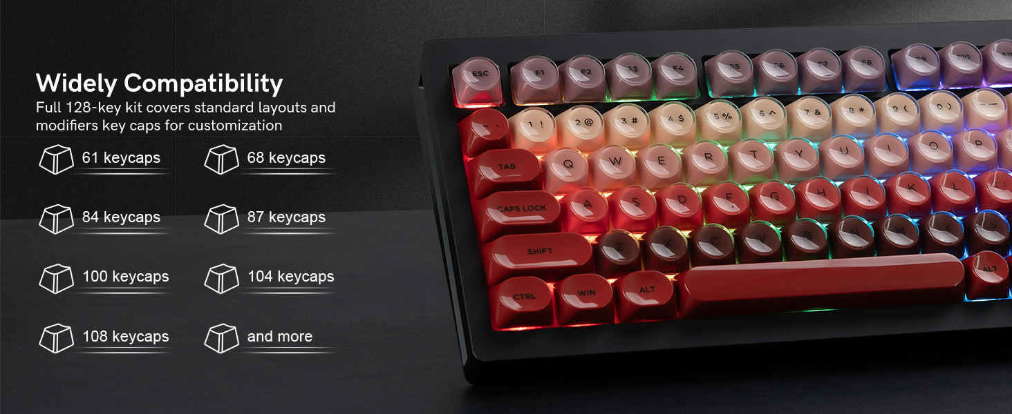 wide compatibility, suitable for keyboards with 61, 68, 84, 87, 100, 104, 108 keycaps and more.