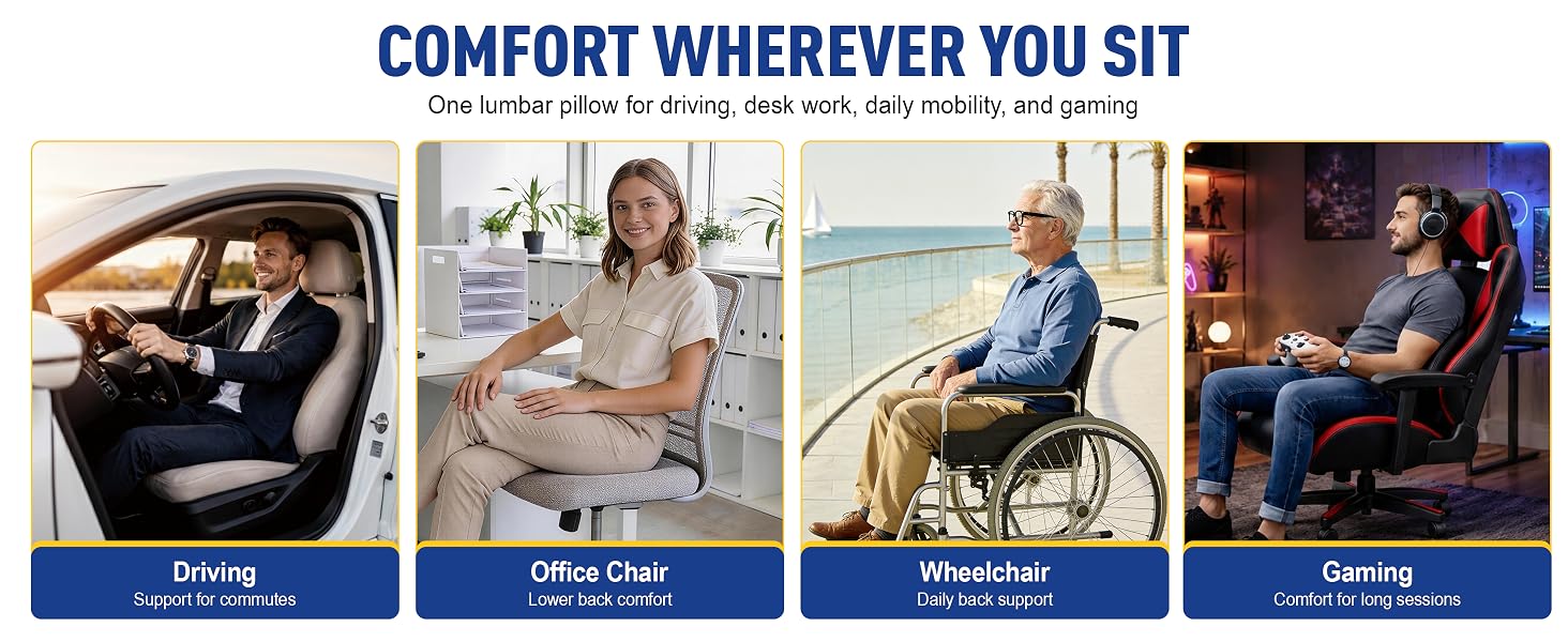 Lumbar support for driving, office chairs, wheelchairs, and gaming comfort.