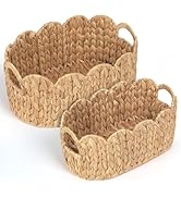 iEGrow Scalloped Wicker Basket, Set of 2 Hand-Woven Natural Rattan Baskets with Built-in Handles,...