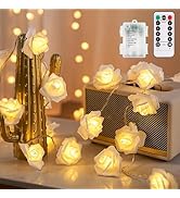 echosari Rose Fairy Lights Battery Operated 15 ft 30 LED White Rose Flower String Lights with Rem...