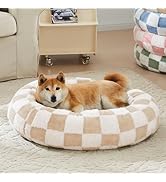 Ohocut Checkered Dog Bed, Cute Beige Khaki Retro Style Aesthetic Round Warming Pet Calming Beds f...