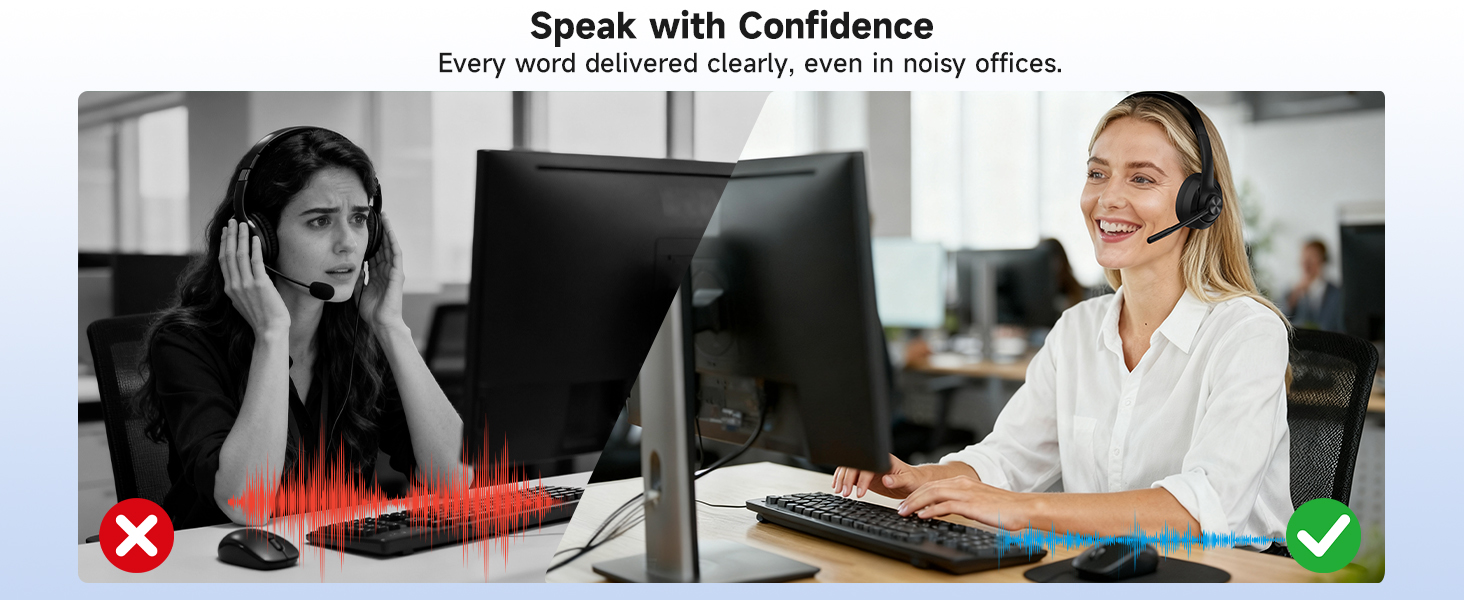 wireless headset with mic remote work bluetooth computer headphones office call center lightweight