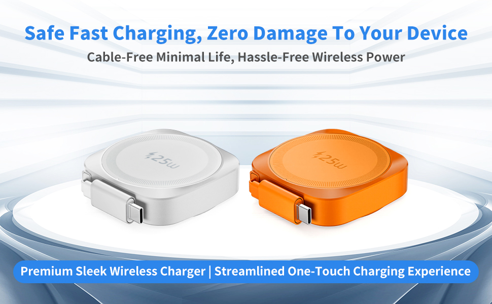Safe 25W magnetic wireless charger, sleek compact design with built-in retractable cable