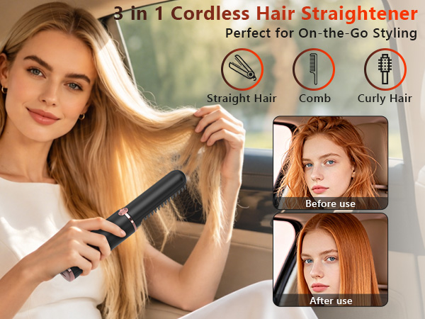 Cordless Hair Straightener Brush, Portable 4500mAh Rechargeable Straightening Comb, MCH Fast Heat