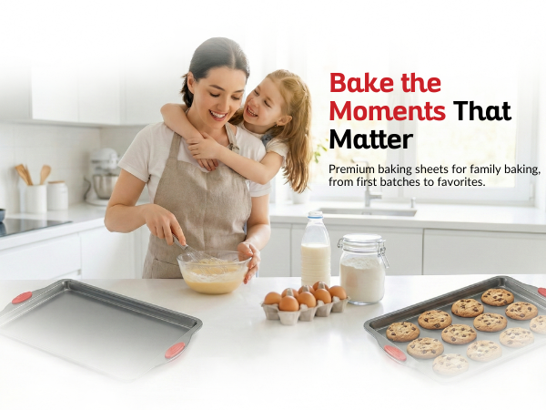 Family baking moment: mixing batter on counter with cookie sheet nearby