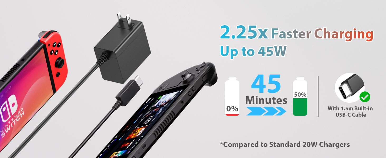 Charger for Nintendo Switch, 45W AC Adapter, Switch Lite/ Switch OLED/Steam Deck/ Switch TV Mode